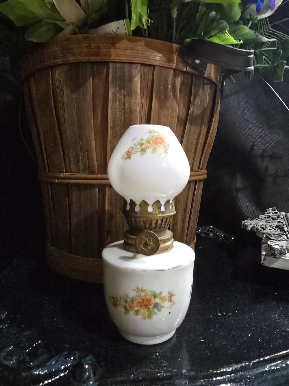 Vintage White Milk Glass Lantern with Orange and Green Floral Motif